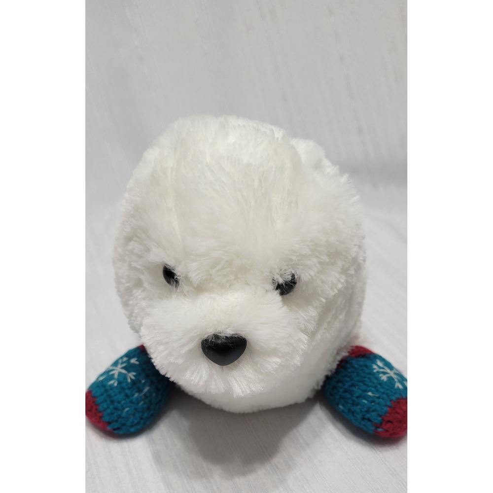 White Harp Seal Pup Plush with Snowflake Knit Mittens Winter Stuffed Animal 12in